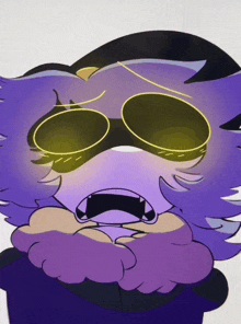 a cartoon drawing of a purple cat wearing sunglasses and a beard