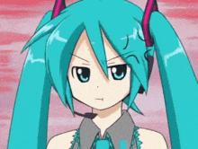 a cartoon girl with blue hair and a microphone on her head looks angry