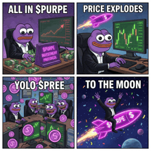 a cartoon of a frog with the words all in spurpe price explodes and yolo spree to the moon at the bottom
