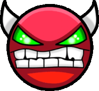 a red devil smiley face with green eyes and teeth