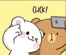 a couple of teddy bears are taking a selfie with a cell phone .