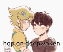 a drawing of a boy with a flower in his hair and the caption hop on deepwoken