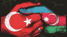 a drawing of two hands shaking with the flags of turkey and azerbaijan