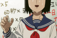 a girl in a school uniform is crying in front of a white board with chinese writing on it