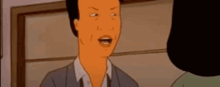 a cartoon character is talking to a woman while wearing a suit and tie .