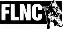 a black and white drawing of a man holding a gun with the word flnc on it .