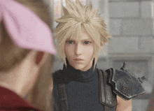 a video game character with blonde hair and blue eyes looks at another character