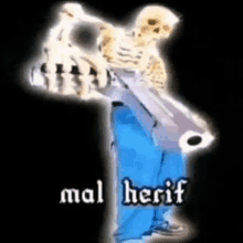 a skeleton is holding a gun in his hand and says mal herif .