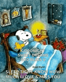 a cartoon of snoopy and woodstock sleeping in a bed with the words goodnight sweet dreams god bless u