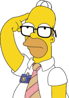 homer simpson wearing glasses and a name tag that says q