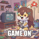 a cartoon of a girl playing a video game with the words game on underneath