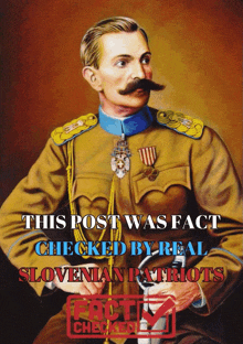 a painting of a man with a mustache has the words this post was fact checked by real slovenian patriots