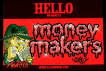 a poster that says hello my name is money makers with spongebob