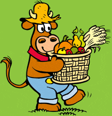 a cartoon cow is carrying a basket of fruit and vegetables