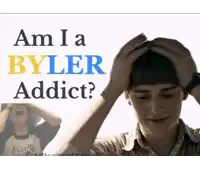 a man holding his head with the words am i a byler addict below him