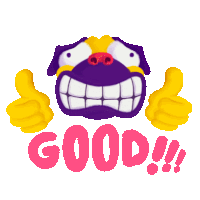 a cartoon character is giving a thumbs up with the word good written below it