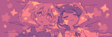 a drawing of two girls sleeping under a starry sky