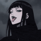 a girl with black hair sticking out her tongue