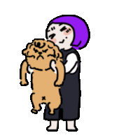 a woman in a purple hat is holding a small brown dog