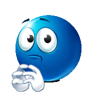 a blue smiley face with big eyes and a hand on its chin