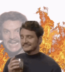 a man with a mustache is holding a glass of alcohol in front of a fire .