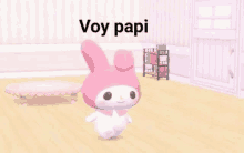 a pink bunny is standing in a room with the words `` voy papi '' .