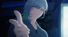 a cartoon character with blue hair and green eyes giving a thumbs up