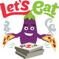 a cartoon illustration of an eggplant holding slices of pizza with the words let 's eat above it