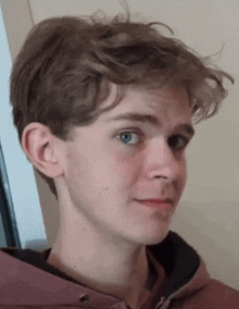 a close up of a young man 's face with blue eyes and a pink hoodie .