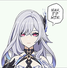 a drawing of a girl with a speech bubble that says " nah i 'd win "
