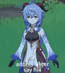 a cartoon girl with blue hair and horns is standing in a field and says adonis sister say hiii