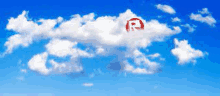 a blue sky with white clouds and a red r on a cloud