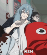a picture of nyx and jesse with a red fish