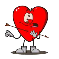 a red heart with arms and legs is holding an arrow in its chest