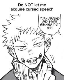 a black and white drawing of a boy with a speech bubble that says `` do not let me acquire cursed speech ''