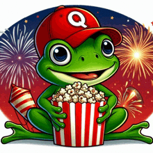 a frog wearing a red hat with the letter q on it is holding a striped bucket of popcorn