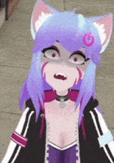 a cartoon girl with purple hair and cat ears is standing on a sidewalk .