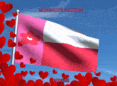 a pink and white flag is surrounded by red hearts and the words mininote nation rise !!!