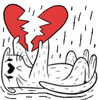 a cartoon cat is holding a broken heart in its paws .