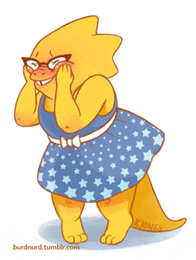 a drawing of a yellow cartoon character with glasses and a blue dress with blue stars