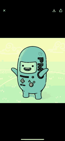 a drawing of bmo from adventure time standing in a grassy field