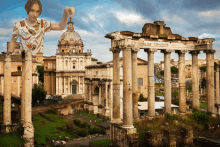 a statue of a man holding a key in front of a building that says ' roma '