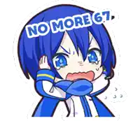 a cartoon of a girl with blue hair and the words no more 67