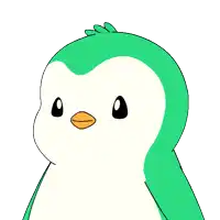 a green and white penguin with a yellow beak is pointing at something