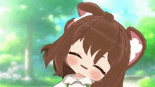 a cartoon girl with brown hair and cat ears is smiling with her eyes closed