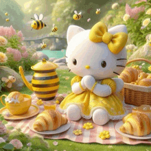 hello kitty is sitting on a picnic blanket surrounded by croissants and flowers