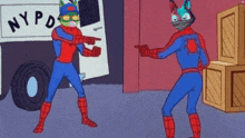 a cartoon of two superhero cats standing next to each other .