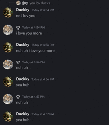 a screenshot of a text message between ducky and duckky