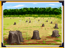 a pixel art of a field with stump in the foreground and trees in the background