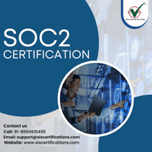 an advertisement for soc2 certification with two people looking at a computer screen